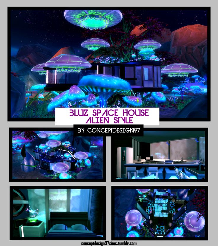 an alien themed house is shown with blue and green lights