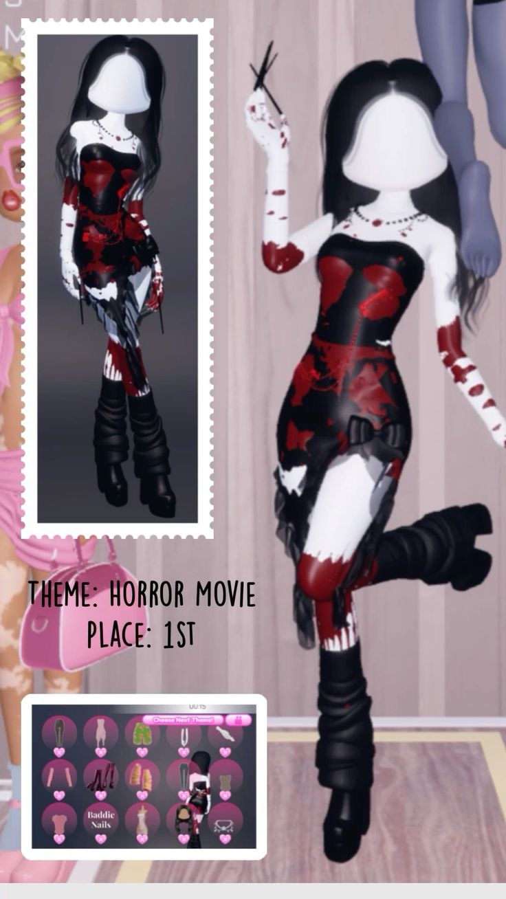 an animated image of a woman dressed in black and white with blood on her body