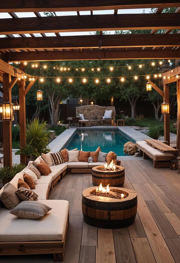 an outdoor living area with couches and fire pit in the center, surrounded by string lights