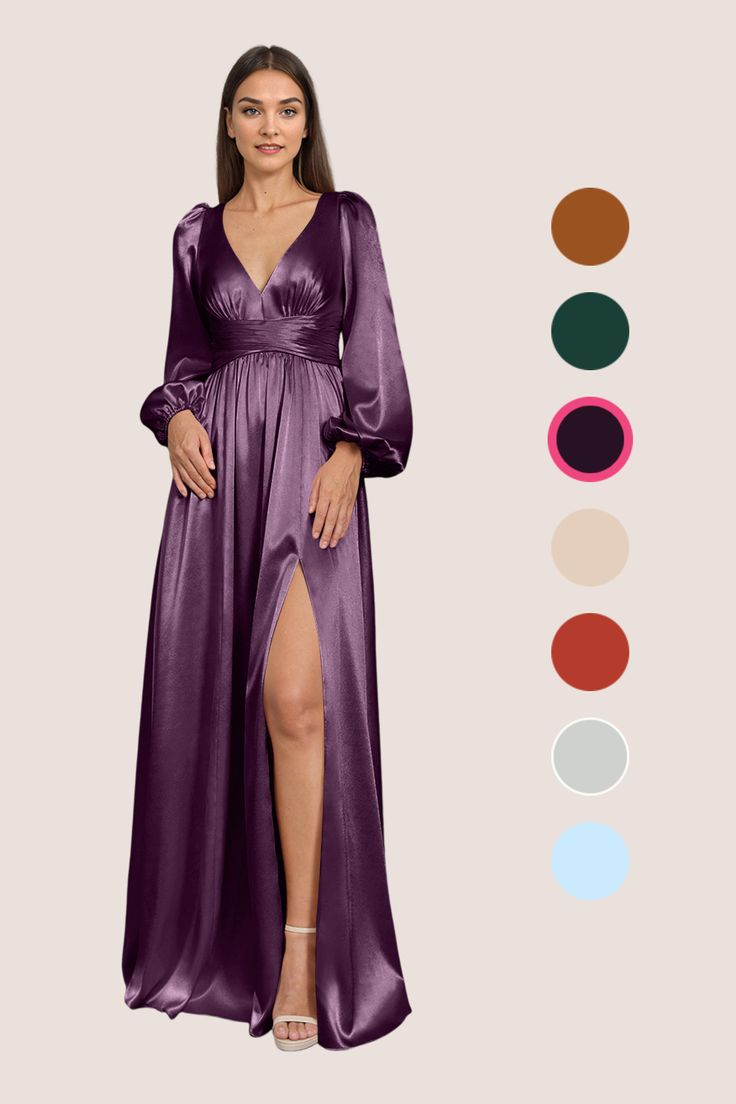 a woman in a long purple dress standing next to color swatches