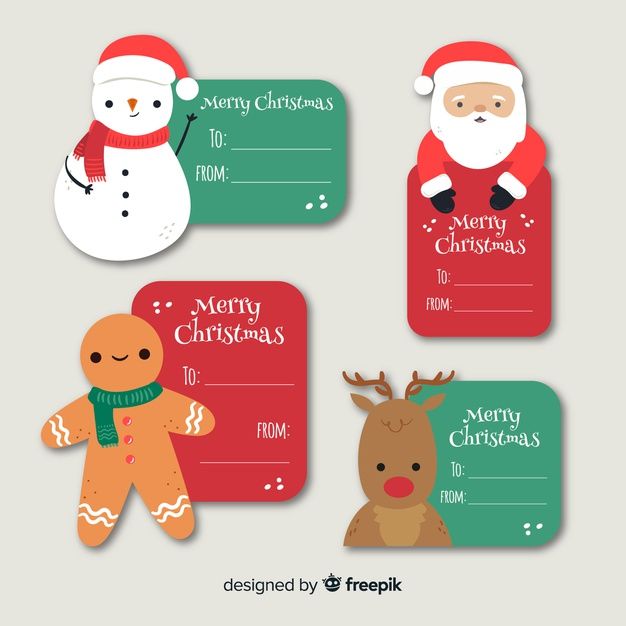 christmas gift tags with santa claus, snowman and reindeer