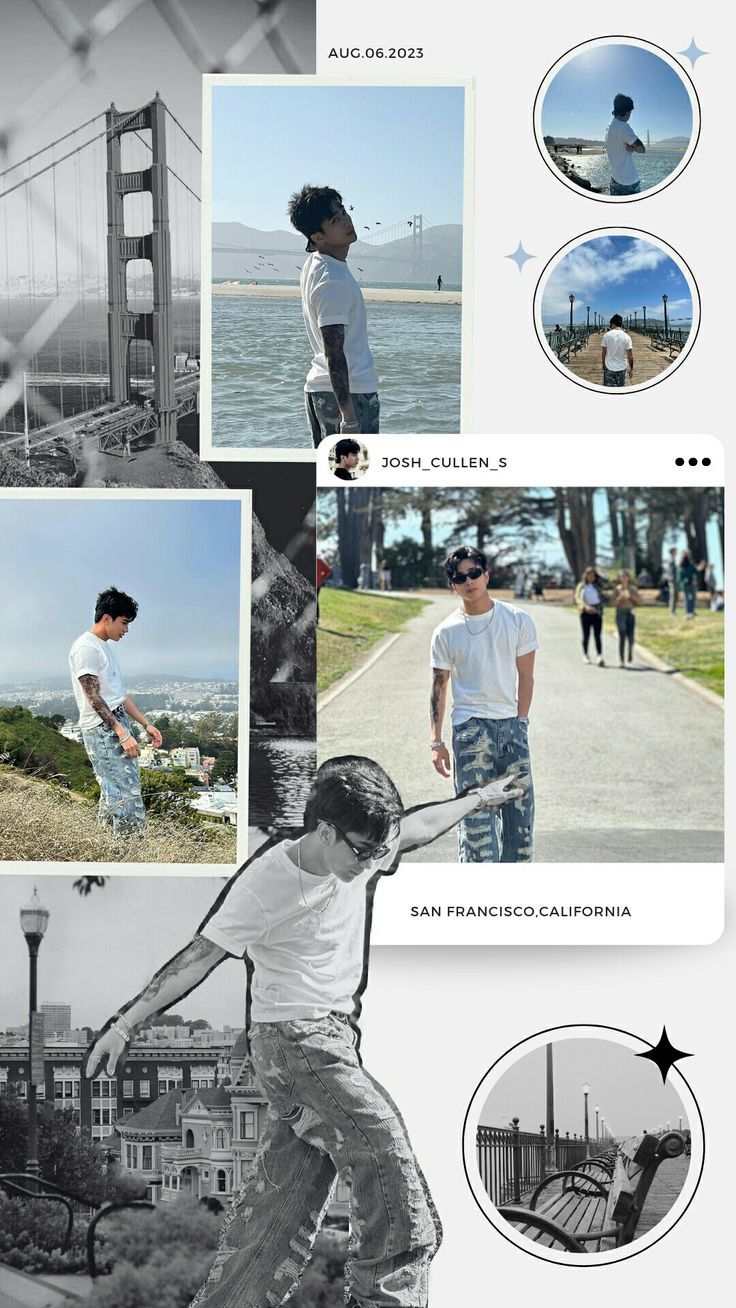 a series of photos showing different people in front of the golden gate bridge