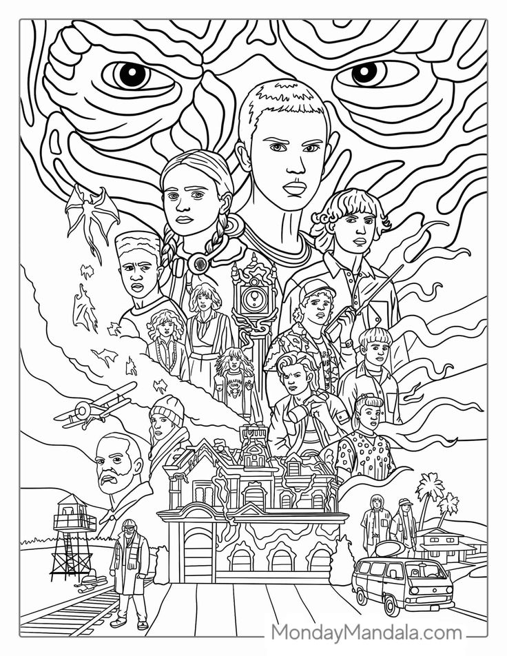 an adult coloring book with the image of people and their faces