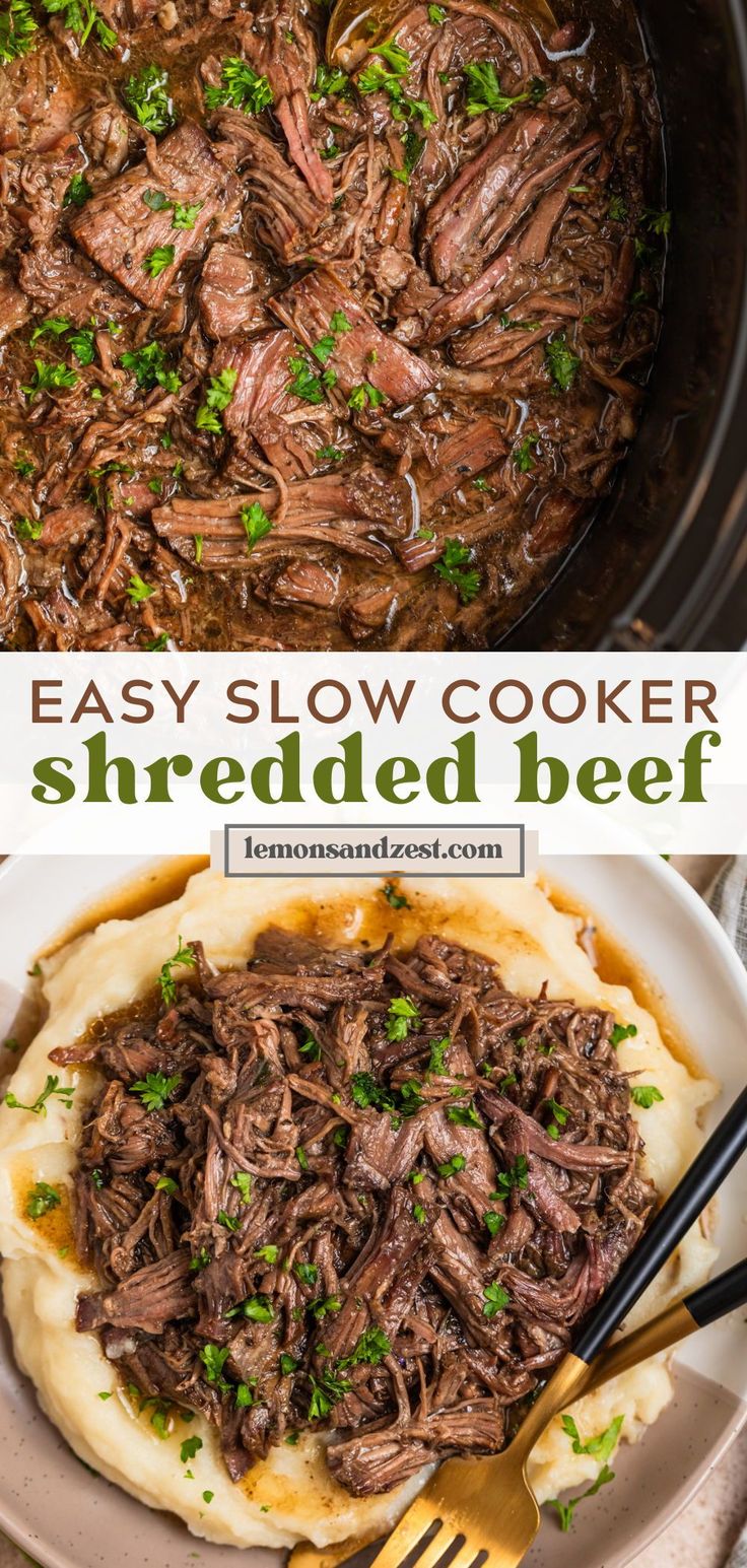 an easy slow cooker shredded beef recipe with mashed potatoes and parsley on the side