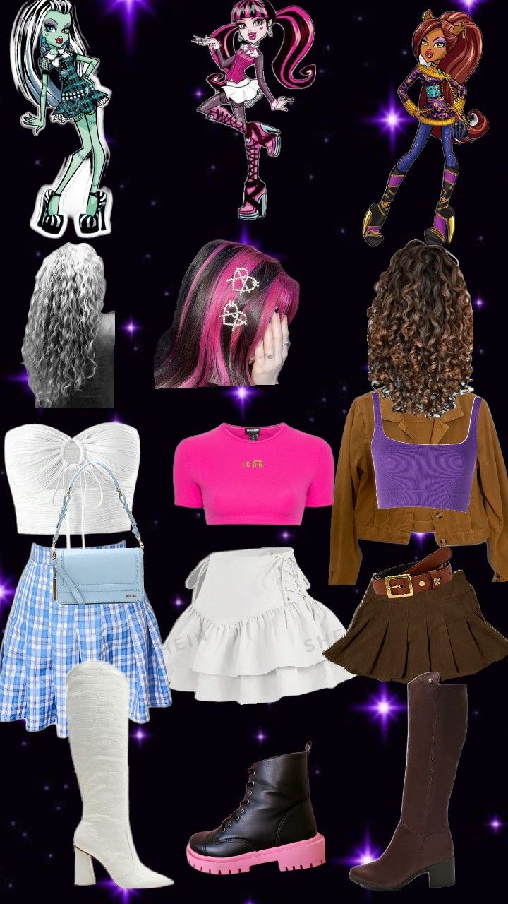 several different types of clothes and shoes on display in front of a dark background with stars