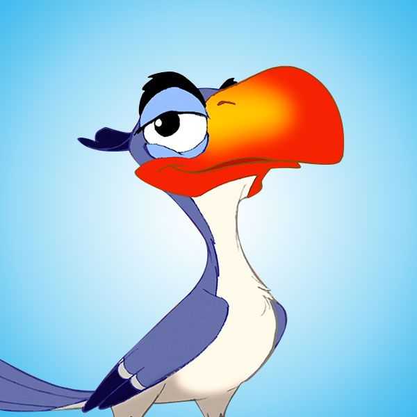 a cartoon bird with an orange beak and blue wings on it's head, standing in front of a blue background