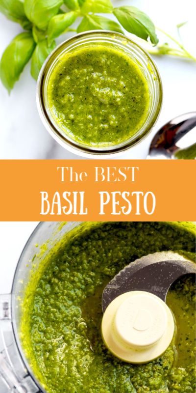 basil pesto in a food processor with the words, the best basil pesto