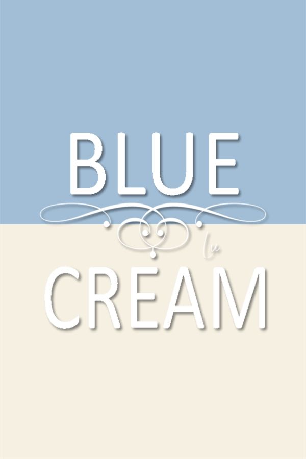 the words blue and cream are in white letters