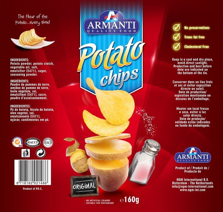 an image of potato chips with salt and seasoning on the back side, packaging design