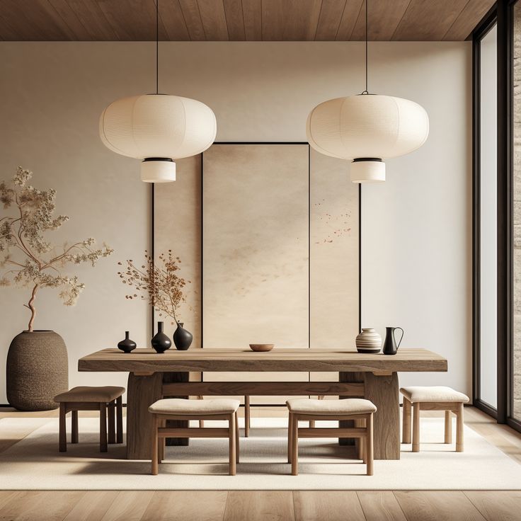 a dining room table with four chairs and two vases