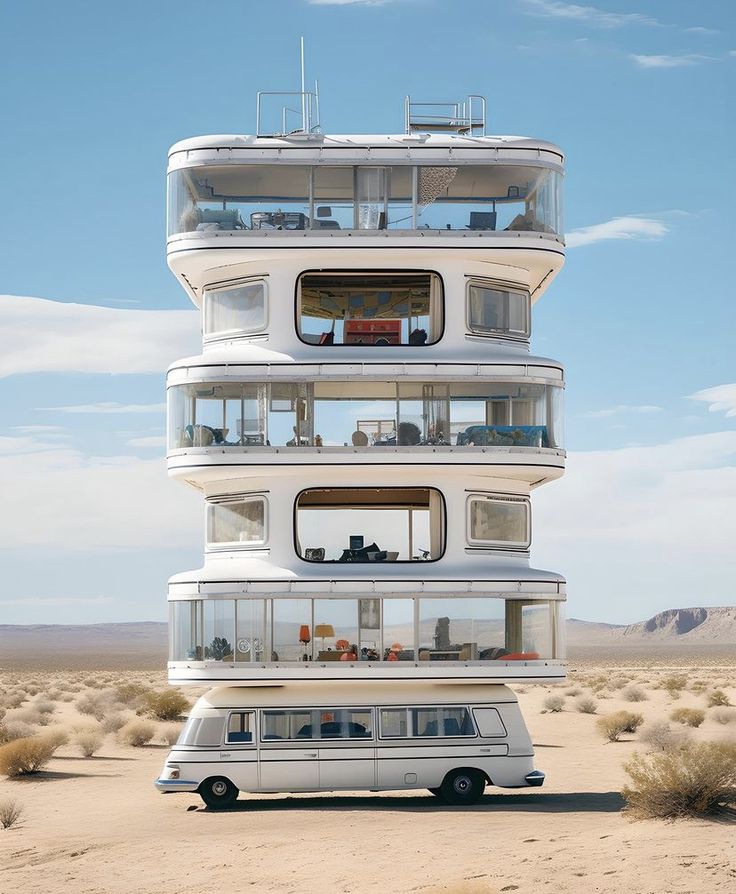 a white bus parked in front of a tall building with balconies on top