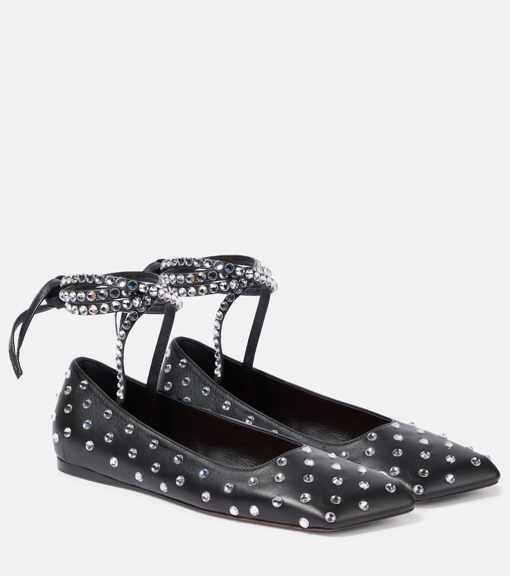 Ane embellished leather ballet flats in black - Amina Muaddi | Mytheresa Manolo Blahnik Mules, Amina Muaddi Shoes, Lace Ballet Flats, Party Flats, Silver Ballet Flats, Satin Ballet Flats, Metallic Flats, Velvet Slippers, Suede Ballet Flats