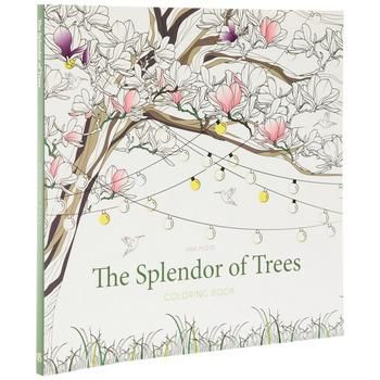 the splendor of trees coloring book is open to reveal an image of a tree with pink flowers