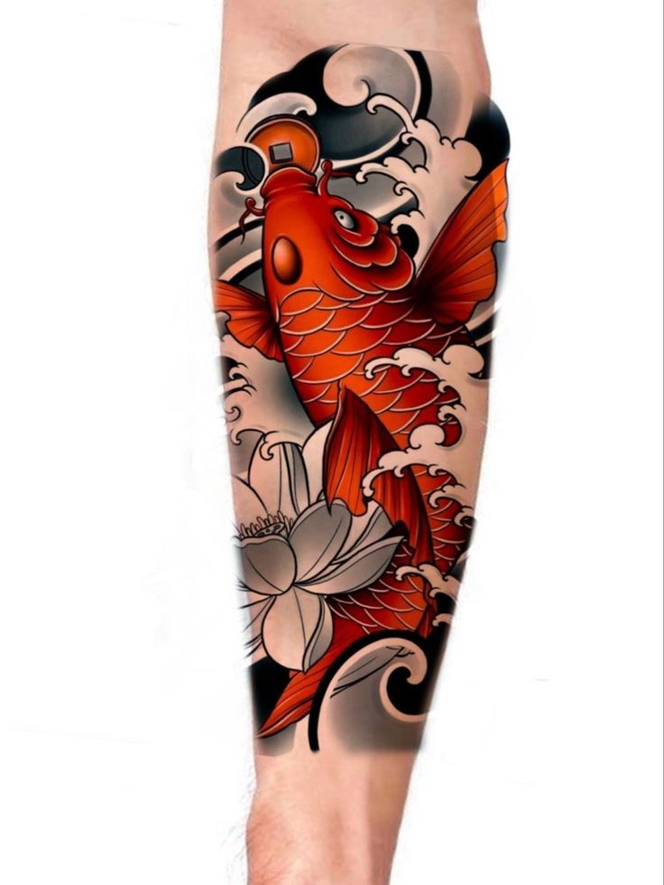 a man's leg with an orange and black koi fish tattoo on it