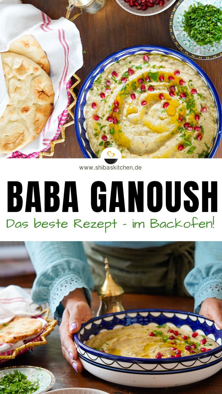 the recipe for baba ganoush has been made with hummus and pita bread