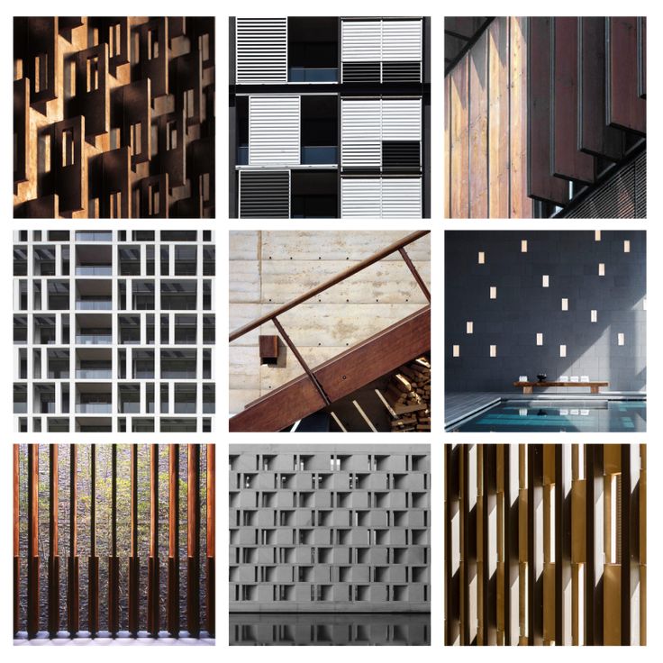 many different types of metal and wood panels are shown in this collage with the same color