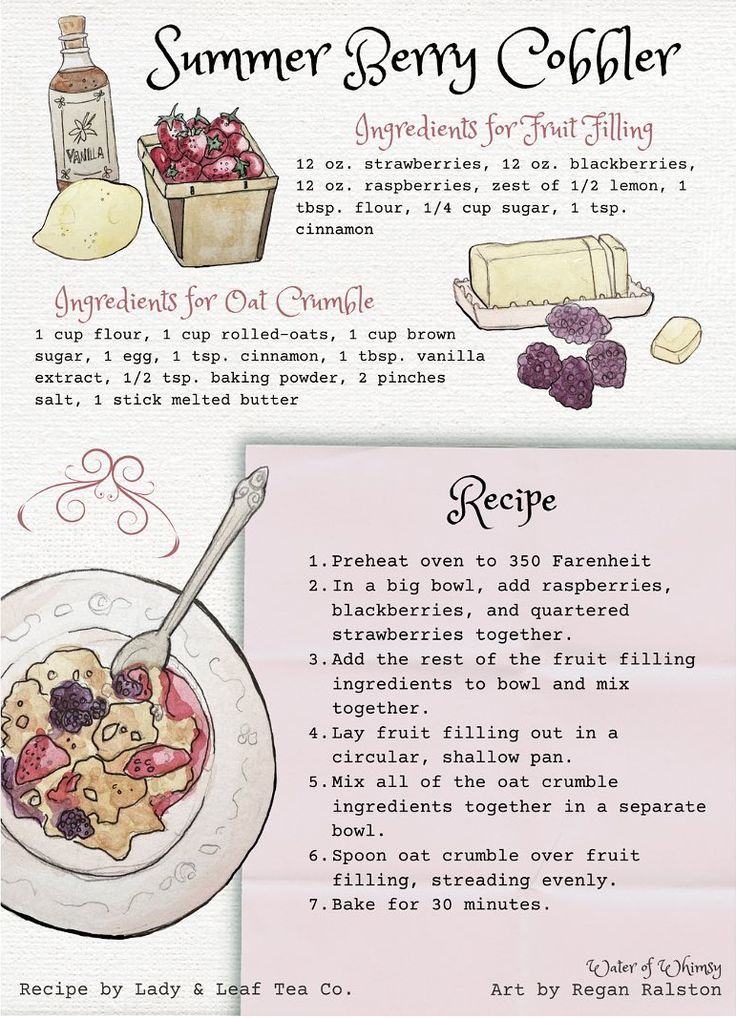 the recipe for summer berry cobbler is shown in this hand - drawn illustration, with information about it