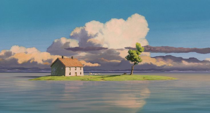 a painting of a house on an island in the middle of water with clouds above it