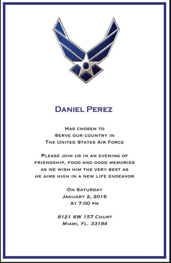 an air force birthday party card with the words, name and date on it's front