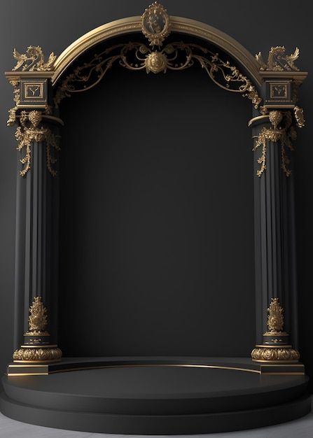 an ornate gold and black arch in the middle of a dark room with columns on either side