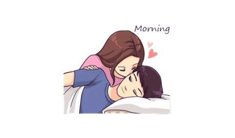 a man and woman hugging each other on top of a bed with the words morning above them