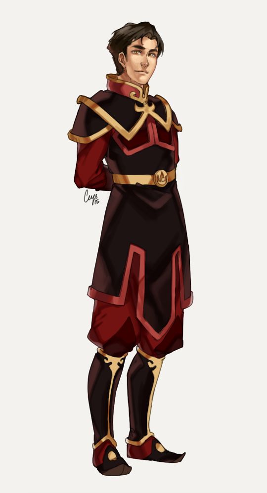 a drawing of a man in a red and black outfit with gold trimmings