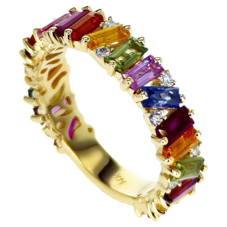 Rainbow Ring - Sophisticated 14K gold & Gems Masterpiece Product Description: Indulge in our Rainbow Ring, a statement piece meticulously crafted from high-grade 14K gold, featuring a radiant sapphires & diamonds at its heart. Key Features: Material: Composed of top-tier 14K gold, this jewelry piece stands out with its inherent durability and unmatched sheen. Our selection of materials speaks volumes about the quality we adhere to. Stone: This jewelry piece hosts a carefully chosen Natural multi color sapphires, blue sapphires, blue topaz and rhodolite gemstones in weight of 3.00Ct with additional of 0.20Ct natural round F color VS1 clarity diamonds, renowned for its striking color and unrivaled sparkle. Our seasoned gemologists, driven by extensive knowledge and experience, ensure the use Gold Gemstones Ring With Gemstone Accents, Yellow Gold Emerald Cut Multi-stone Ring, Gold Multi-stone Fine Jewelry Gemstones, Gold Multi-stone Gemstones In Fine Jewelry Style, Dazzling Yellow Gold Rings, Exquisite Gold Multi-stone Sapphire Ring, Elegant Multicolor Diamond Ring As A Gift, Elegant Multicolor Diamond Ring For Gift, Elegant Multicolor Diamond Ring As Gift