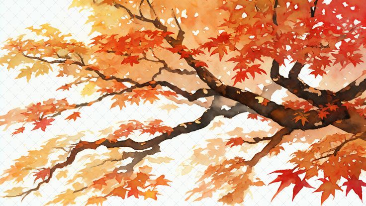 A branch of a Japanese Maple tree with leaves of varying shades of orange, yellow and red. It is painted in watercolour on a white background. Maple Tree Painting, Chinese Maple Tree, Fall Tree Watercolor Painting, Maple Tree Bark, 3ds Themes, Tree Trunk Painting, Autumn Tree Branch, Watercolour Trees, Maple Leaf Tree