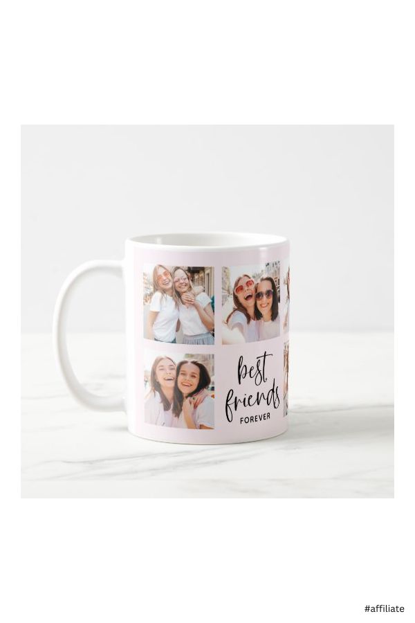 the best friends collage mug is shown with four photos on it and two people smiling