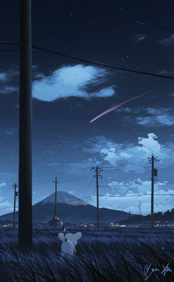 an anime scene with the sky and clouds in the background, there is a dog looking up at something