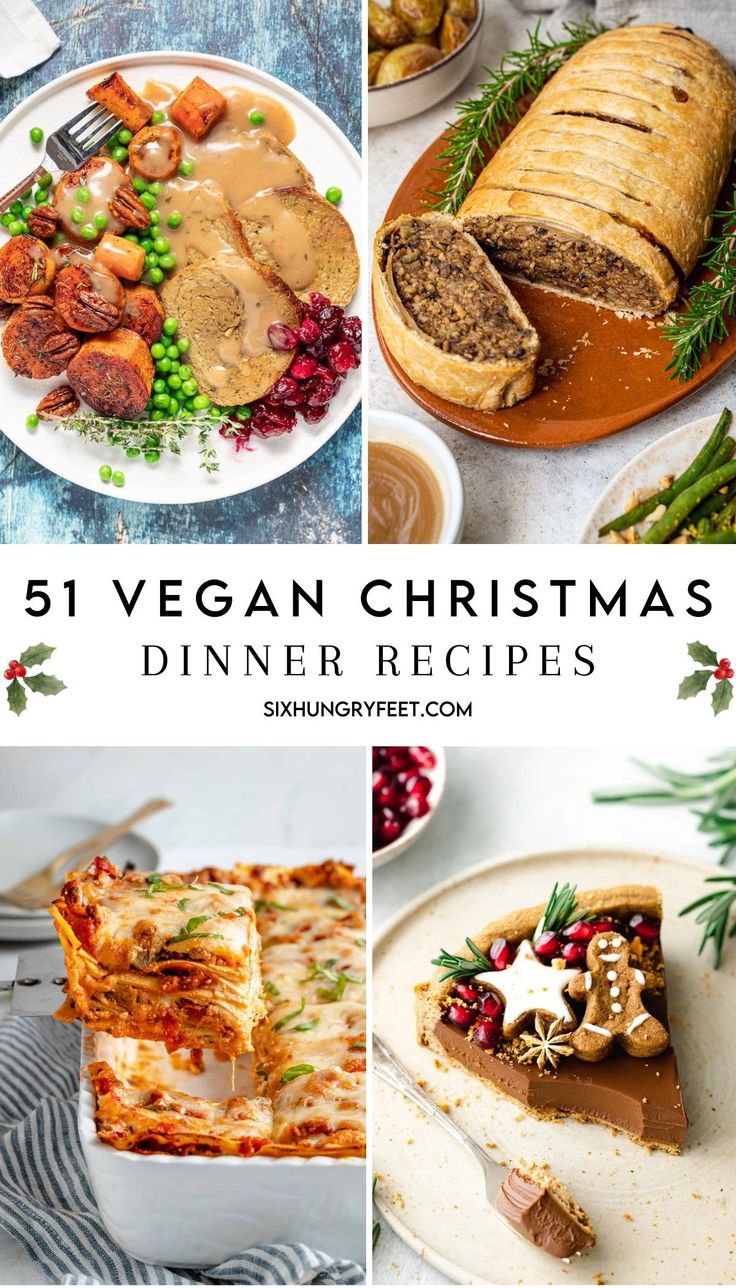 six vegan christmas dinner recipes with text overlay