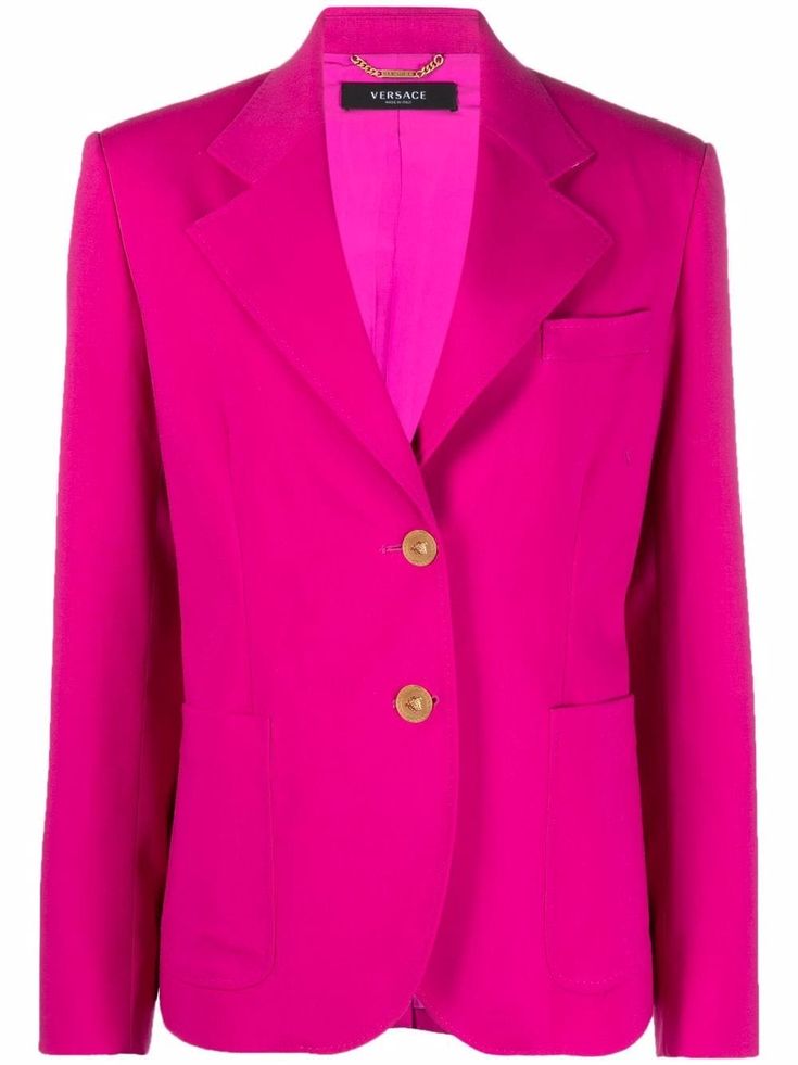 pink virgin wool-silk blend classic lapels button fastening long sleeves two side patch pockets Versace Blazer, Blazer Pink, Luxury Winter, Versace Outfit, Blazer Designs, Fitted Blazer, Yellow Sapphire, Faux Fur Coat, Blazers For Women