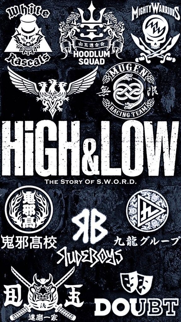 the poster for high and low, which features various logos on black paper with white ink