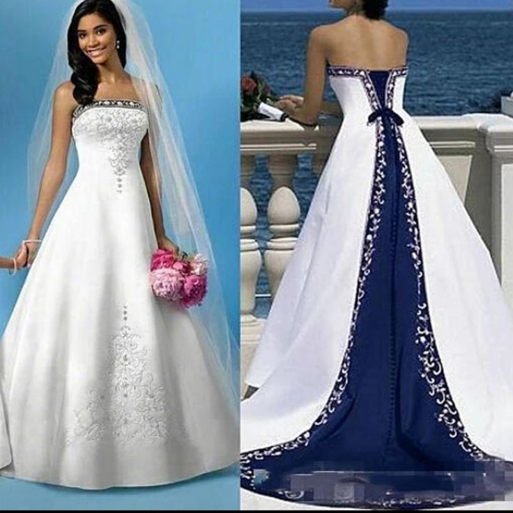 two pictures of women in wedding gowns and one has a flower bouquet