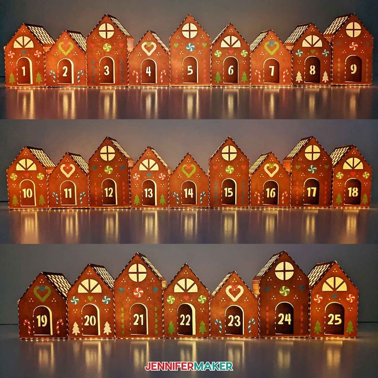 gingerbread houses are lit up with lights and numbers for the year 2011 to 2013