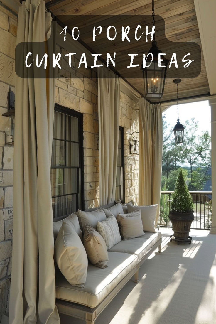 a porch covered in curtains and pillows with the words 10 porch curtain ideas on it