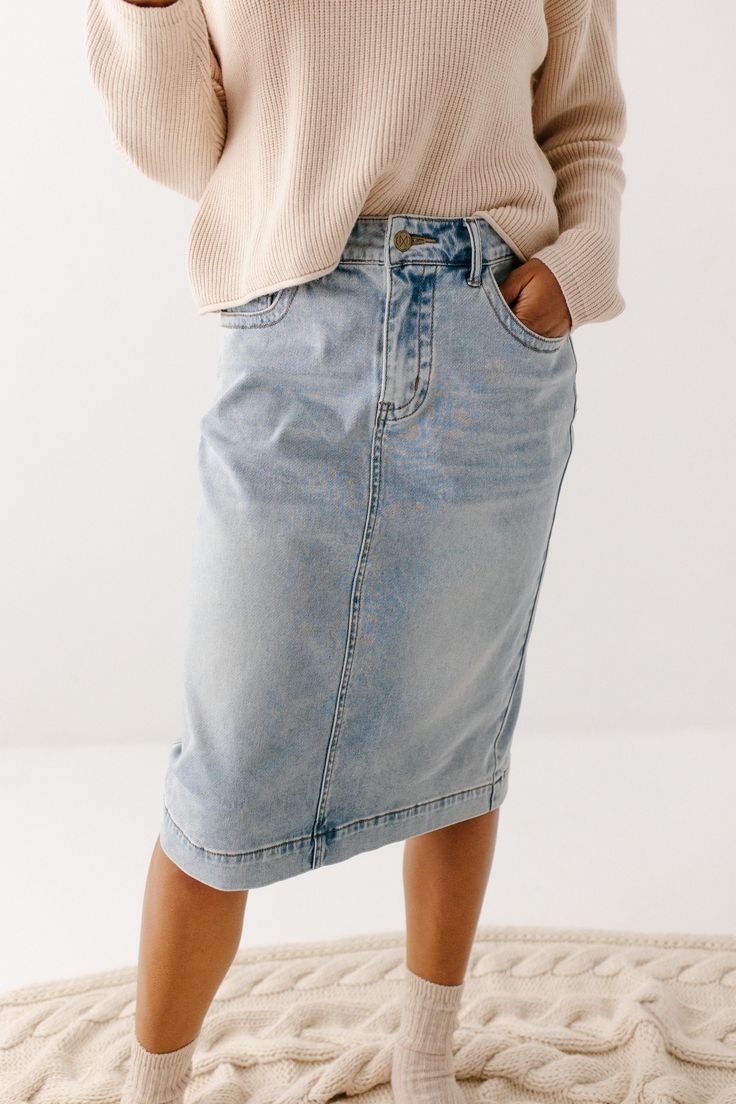 A classic skirt you can reach for season after season, the exclusive 'Leah' Denim Skirt in Light Wash will become an instant favorite in your closet! This stretch denim skirt with minimal distressing and no slits is the perfect blend of modesty, comfort, and style. The light wash is perfect for creating a wide range of casual outfits. Designed by us with you in mind, we think you are going to fall in love with this skirt as much as we did! 97% Cotton 3% Spandex Machine Wash Cold Do Not Bleach Ha Mom Style Aesthetic, Fall Washed Denim Skirt, Non-stretch Denim Pencil Skirt, Chic Everyday Denim Skirt, Casual Medium Wash Denim Pencil Skirt, Medium Wash Denim Skirt With Frayed Hem For Fall, Fall Denim Skirt With Frayed Hem In Medium Wash, Fall Medium Wash Denim Skirt With Frayed Hem, Denim Pencil Skirt For Fall