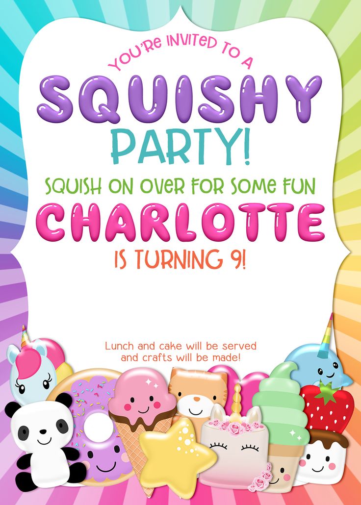 an image of a birthday party flyer with cute animals and cakes on the front, in bright colors