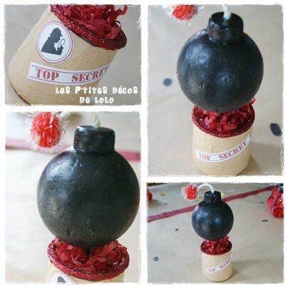 four different views of a black vase with red ribbon around it