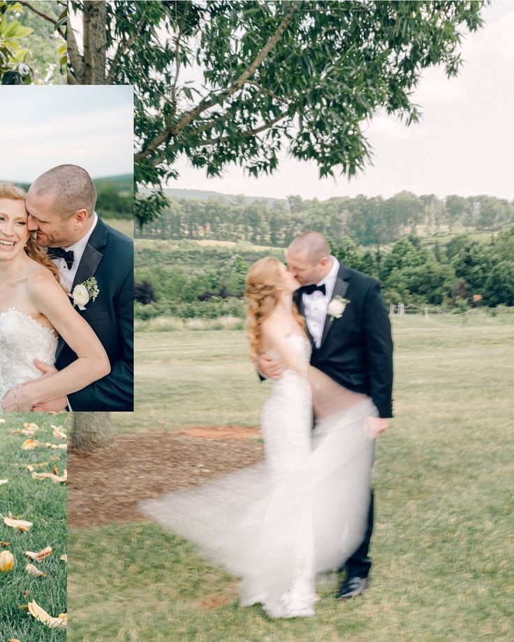 the bride and groom are posing for pictures in their wedding day attire, with an apple tree behind them