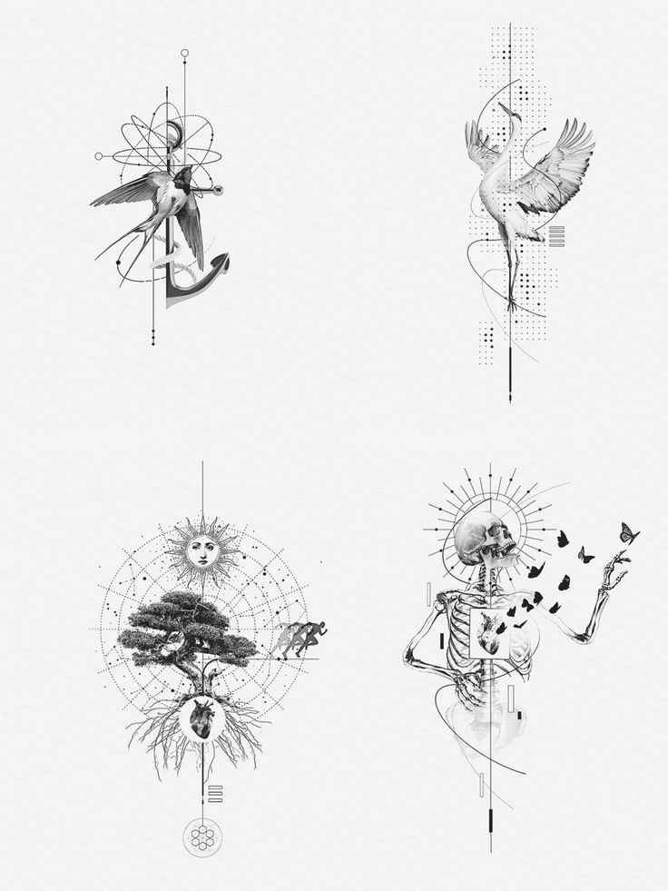 four different types of art work in black and white, each with an artistic design