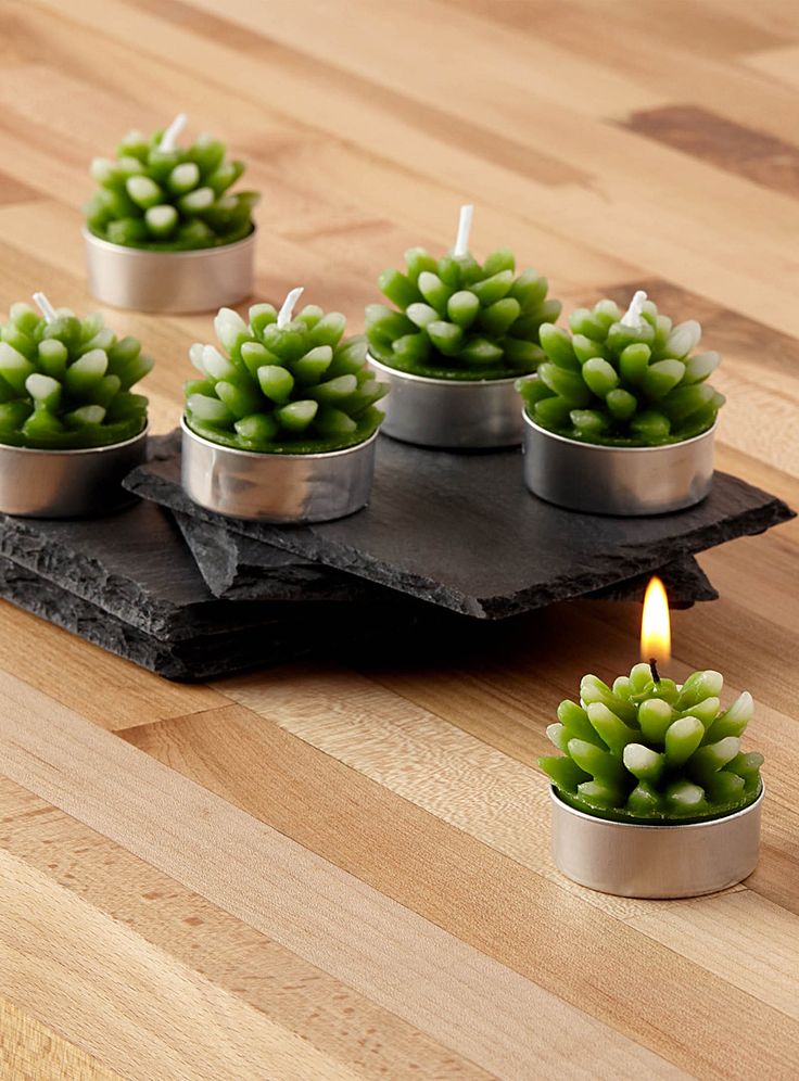 small succulents are placed in metal containers on a wooden table with a candle