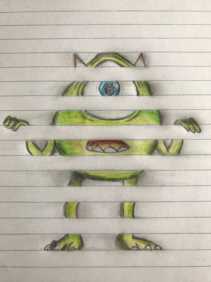 a drawing of a green creature with two eyes