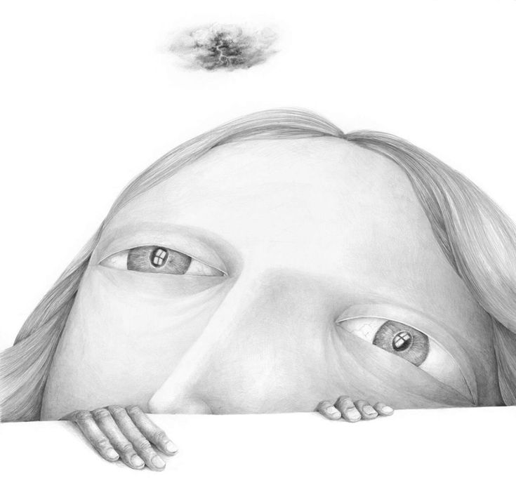 a pencil drawing of a woman's face and eyes peeking out from behind a wall