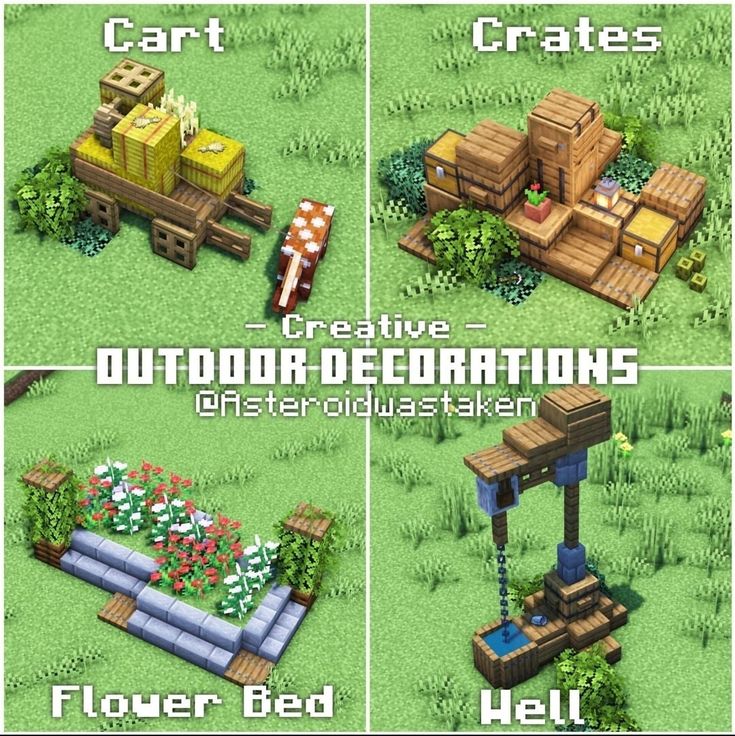 four different types of outdoor decorations in the game, including flowers and crates for plants