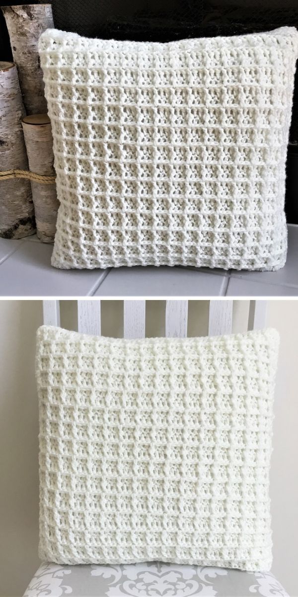 crocheted pillow made from an old sweater and the same pattern as it is