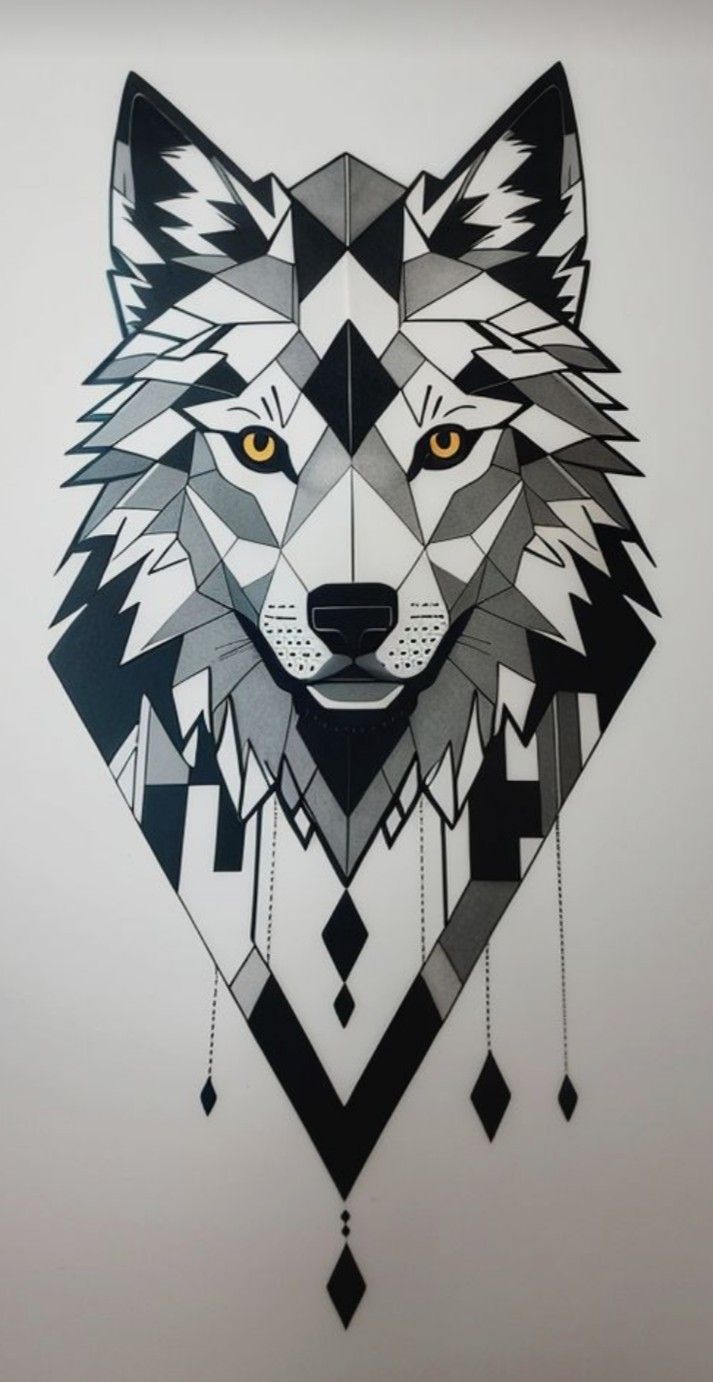 a black and white drawing of a wolf's head with yellow eyes on a wall