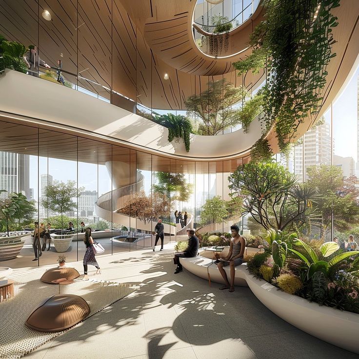 people are walking around in an open space with plants on the ceiling and large windows