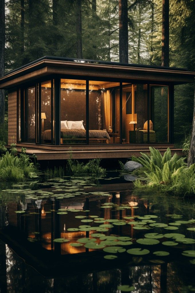 a small cabin in the middle of a forest with water lilies on the ground