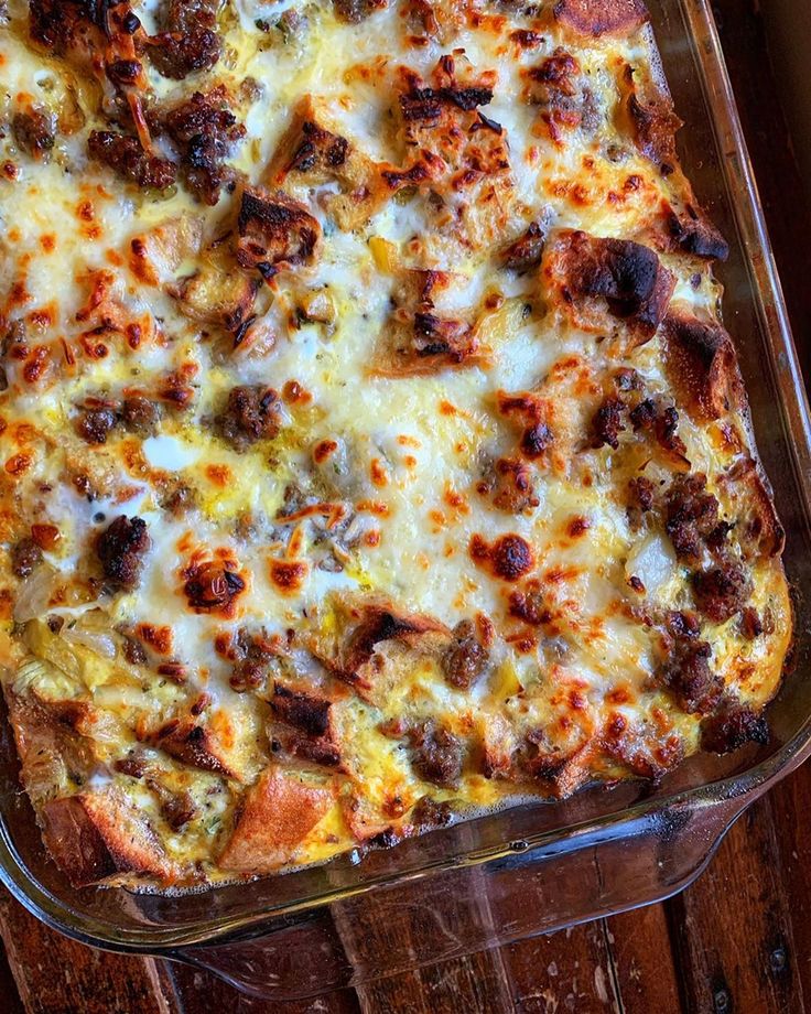 a casserole dish with sausage and cheese